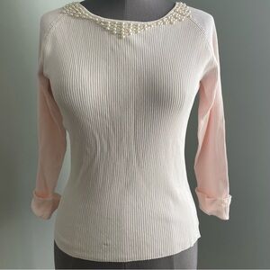 LOULOU light pink quarter sleeved ribbed top with beading